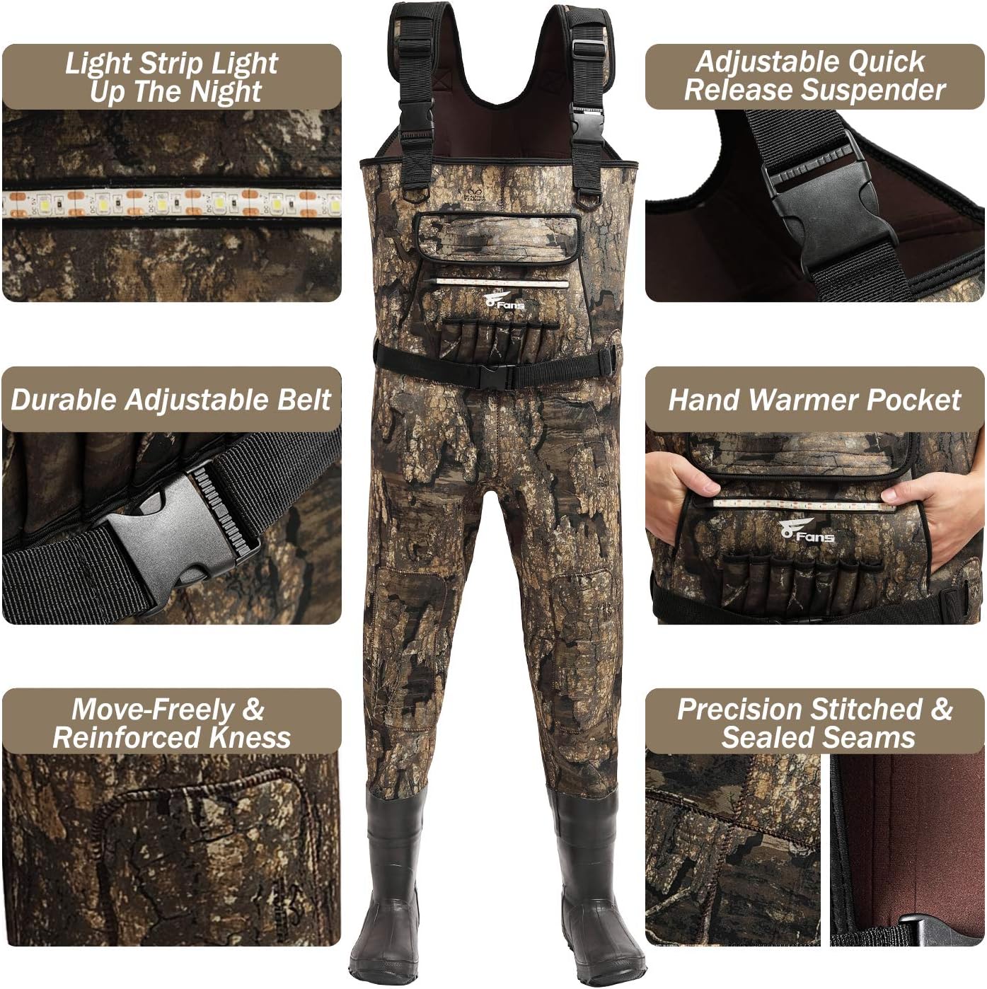 8 Fans Hunting Waders with 1000G Insulation Rubber Boots, Neoprene Chest Wader, Waterproof Bootfoot Waders for Men & Women - Image 3