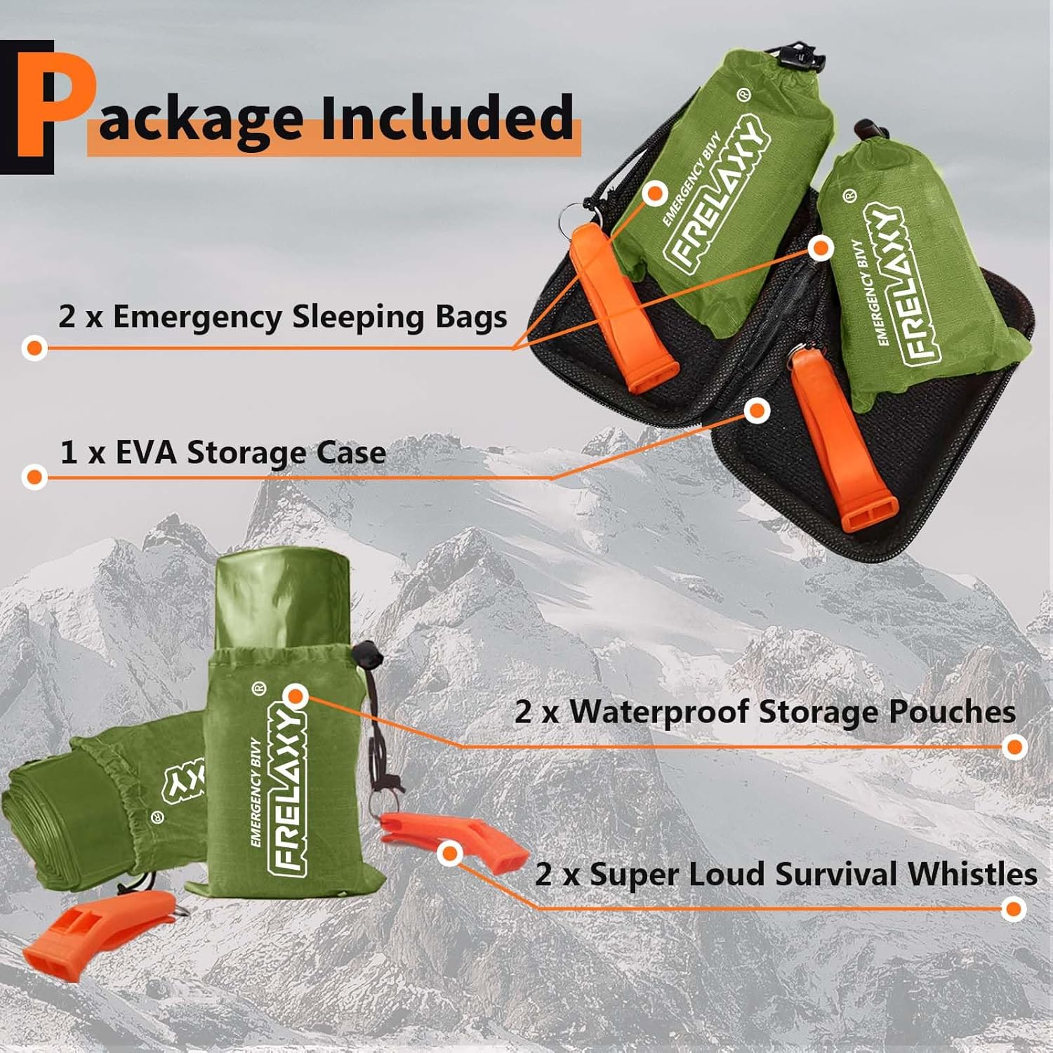 Frelaxy Emergency Sleeping Bag 1-Pack/2-Pack, Extra-Thick Compact Survival Bivy with Whistle, Storage Pouch, and EVA case, Perfect for Survival Kits (Army Green - 2 Pack) - Image 2
