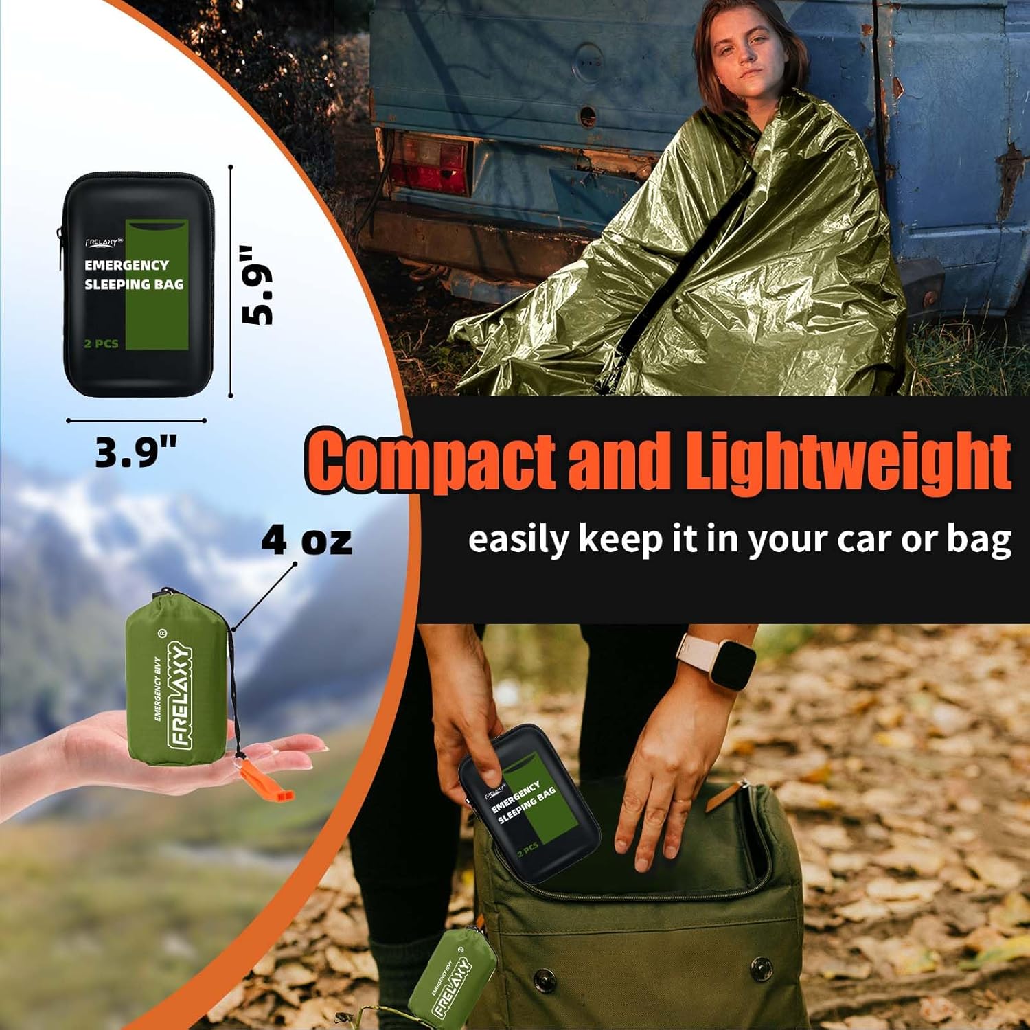 Frelaxy Emergency Sleeping Bag 1-Pack/2-Pack, Extra-Thick Compact Survival Bivy with Whistle, Storage Pouch, and EVA case, Perfect for Survival Kits (Army Green - 2 Pack) - Image 5