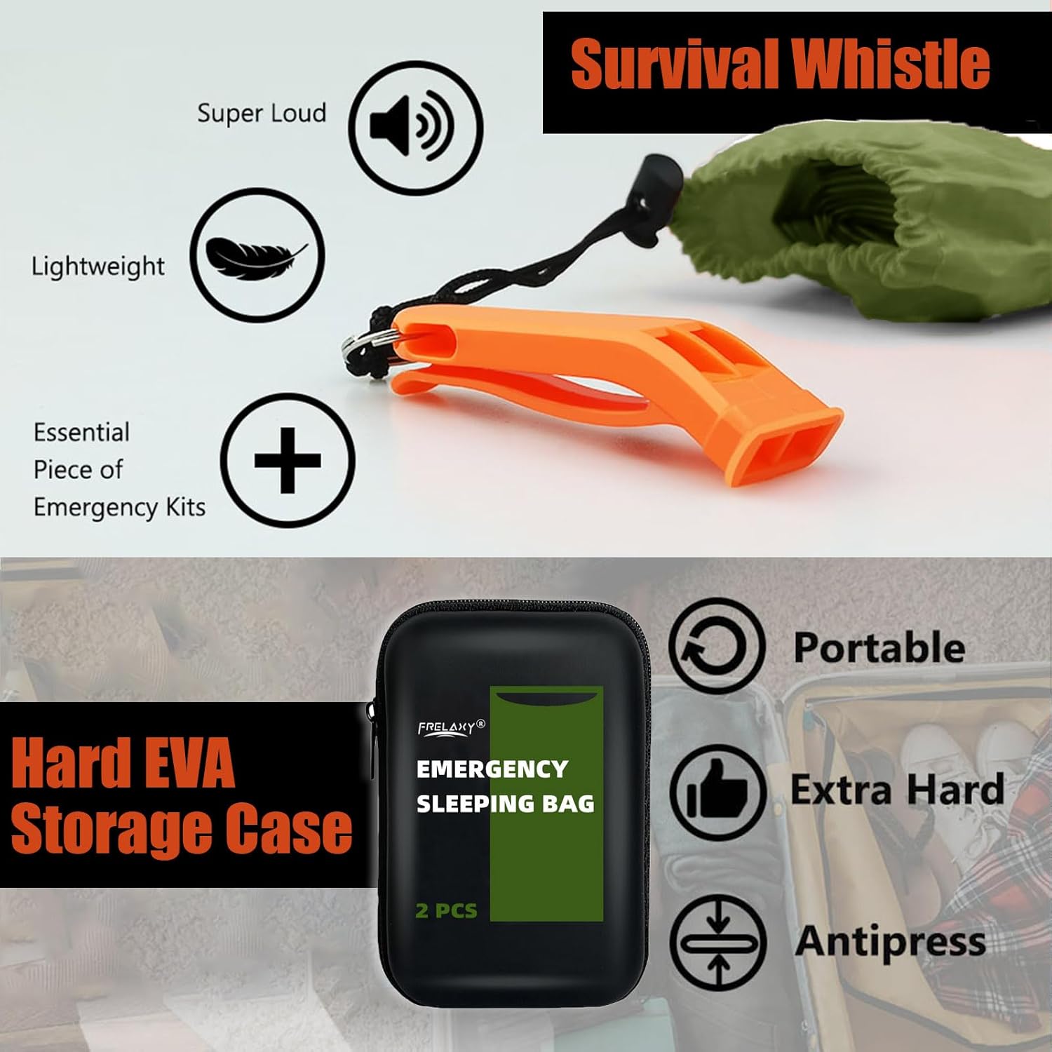 Frelaxy Emergency Sleeping Bag 1-Pack/2-Pack, Extra-Thick Compact Survival Bivy with Whistle, Storage Pouch, and EVA case, Perfect for Survival Kits (Army Green - 2 Pack) - Image 6